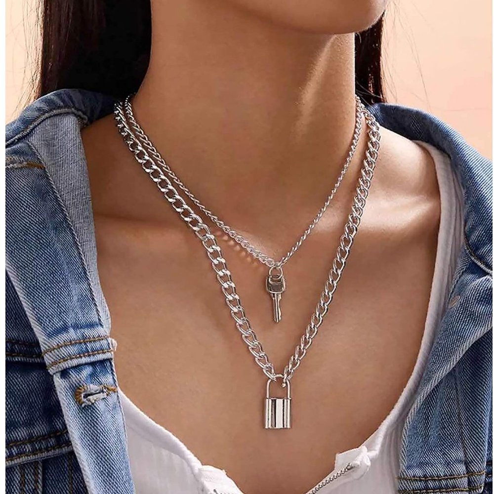 2 Layered Lock Key Pendants Necklaces Set